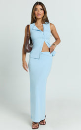 Brittany Two Piece Top and Skirt Set - Ribbed Midi Skirt Set in Pale Blue