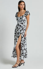 Donissa Midi Dress - Thigh Split Flutter Sleeve Dress in Black/White Print