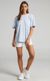 Prizza Top - Longline Boyfriend Tee Top in Washed Blue
