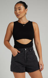 Malvina Bodysuit - Cut Out Ribbed Bodysuit in Black