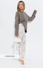 Amanda Top - Crew Neck Long Sleeve Knit Sweater in Mushroom
