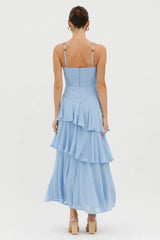Rose Garden Tiered Ruffle Floral Trim Dress Blue