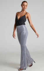 Deliza Pants - Mid Waisted Sequin Flare Pants in Silver