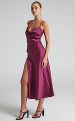 Flordeliza Midi Dress - Cowl Neck Thigh Slit Slip Dress in Magenta