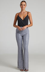 Deliza Pants - Mid Waisted Sequin Flare Pants in Silver