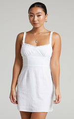 Jacqueline Mini Dress - Ruched Bust Frill Detail A Line Dress in White