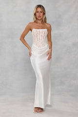 Love In Full Bloom Lace Satin Strapless Maxi Dress White