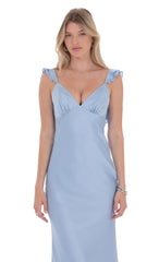 Satin Ruffle Open Maxi Dress in Light Blue