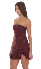 Strapless Sequin Floral Ruffle Dress in Burgundy