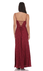 Burnout Lace-Up Maxi Dress in Maroon