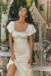 Catherine Ivory Satin Puff Sleeve Slip Midi Dress