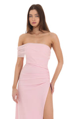 Off Shoulder Tulle Sleeve Maxi Dress in Pink