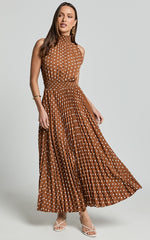 Jacynthia Midi Dress - Pleated High Neck Dress in Chocolate/White