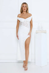 Ivory Veil Off Shoulder Lace Maxi Dress White