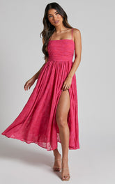 Adina Midi Dress - Embroidered Strappy Straight Neck Ruched Bodice Dress in Pink