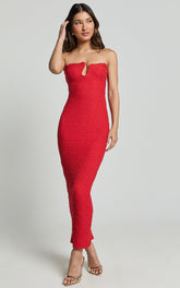 Alberta Midi Dress- Strapless bust detail textured dress in Red