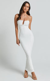 Alberta Midi Dress- Strapless bust detail textured dress in White