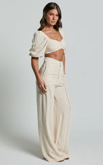Aleydise Two Piece Set - Linen Puff Sleeve Gathered Crop Top and Pants Set in Natural