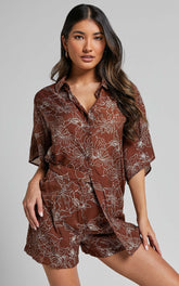 Alofi Top - Collared Button Through Short Sleeve Blouse in Brown Floral