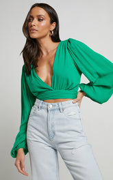 Amaina Top - Plunge Long Sleeve Wrap Top in Green