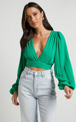 Amaina Top - Plunge Long Sleeve Wrap Top in Green