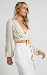 Amaina Top - Plunge Long Sleeve Wrap Top in Sand
