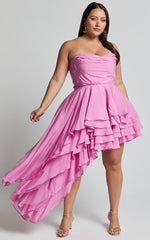 Amalie The Label - Everly Strapless Asymmetrical Tiered Mini Dress in Pink