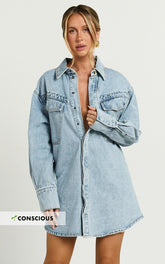 Amalie The Label - Herrera Recycled Cotton Denim Dress in Mid Blue Wash