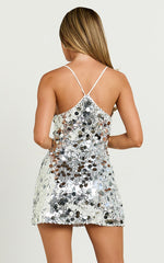 Amore Mini Dress - Sequin V Neck Slip Dress in Silver