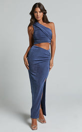 Anastasia Two Piece Set - Asymmetric Ruched Top and Thigh Split Midi Skirt Set in Steel Blue