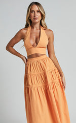 Andrielly Two Piece Set - Halter Neck Top and Gathered Midi Skirt Set in Sherbet Orange