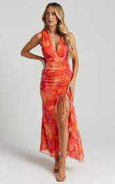 Annie Midi Dress - Wrap Front Ruffle Detail Dress in Orange Floral