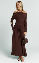 Antonia Midi Dress - Off The Shoulder Long Sleeve Dress in Brown