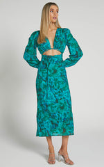 Artola Midi Dress - Front Cut Out Long Sleeve Dress in Green Blur Floral