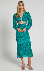 Artola Midi Dress - Front Cut Out Long Sleeve Dress in Green Blur Floral