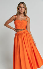 Astrid Two Piece Set - Ruched Chest Top and Midi Skirt Set in Orange
