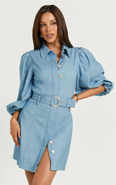 Aubrie Mini Dress - Blouson Sleeve Button Through Belted Dress with Hardware Detail in Light Blue