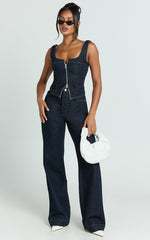 Bellerose Top - Front Zip Denim Fitted Top in Raw Denim with Tobacco Stitch