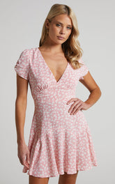 Bettina Mini Dress - Short Sleeve Dress in Pink Floral