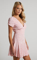 Bettina Mini Dress - Short Sleeve Dress in Pink Floral