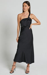 Carmella Midi Dress - One Shoulder Twist Detail Dress in Black
