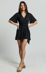 Cecilia Playsuit - Short Sleeve Belted Wrap Playsuit in Black