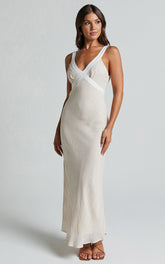 Chakyra Midi Linen Blend Dress - Contrast Strap Bias Cut Column Dress in Beige with White Contrast