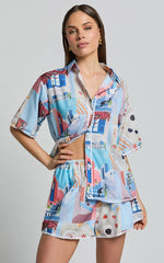 Cora Two Piece Set - Scallop Trim Button Up Shirt & Short Set in Blue & Pink Print