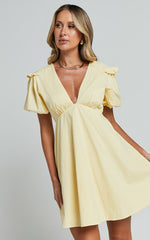 Dayana Mini Dress - V Neck Empire Waist Smock Dress in Lemon