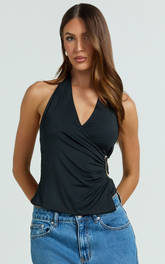 Diana Top - Wrap Over Trim Detail Top in Black
