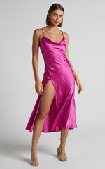 Flordeliza Midi Dress - Cowl Neck Thigh Slit Slip Dress in Pink