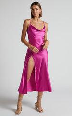 Flordeliza Midi Dress - Cowl Neck Thigh Slit Slip Dress in Pink