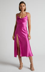 Flordeliza Midi Dress - Cowl Neck Thigh Slit Slip Dress in Pink