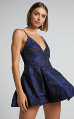 Gemima Mini Dress - Strappy Plunge Neck Fit and Flare Dress in Navy